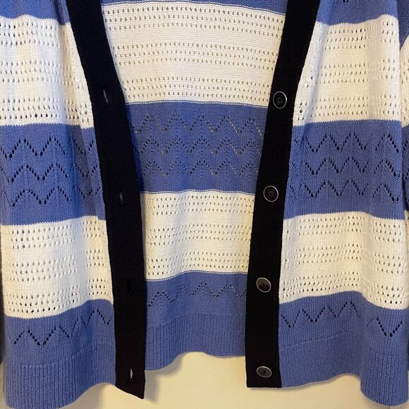 Tipped Pointelle V Neck Long Sleeve Cardigan Sweater Stripes White Blue Size M - Picture 5 of 5